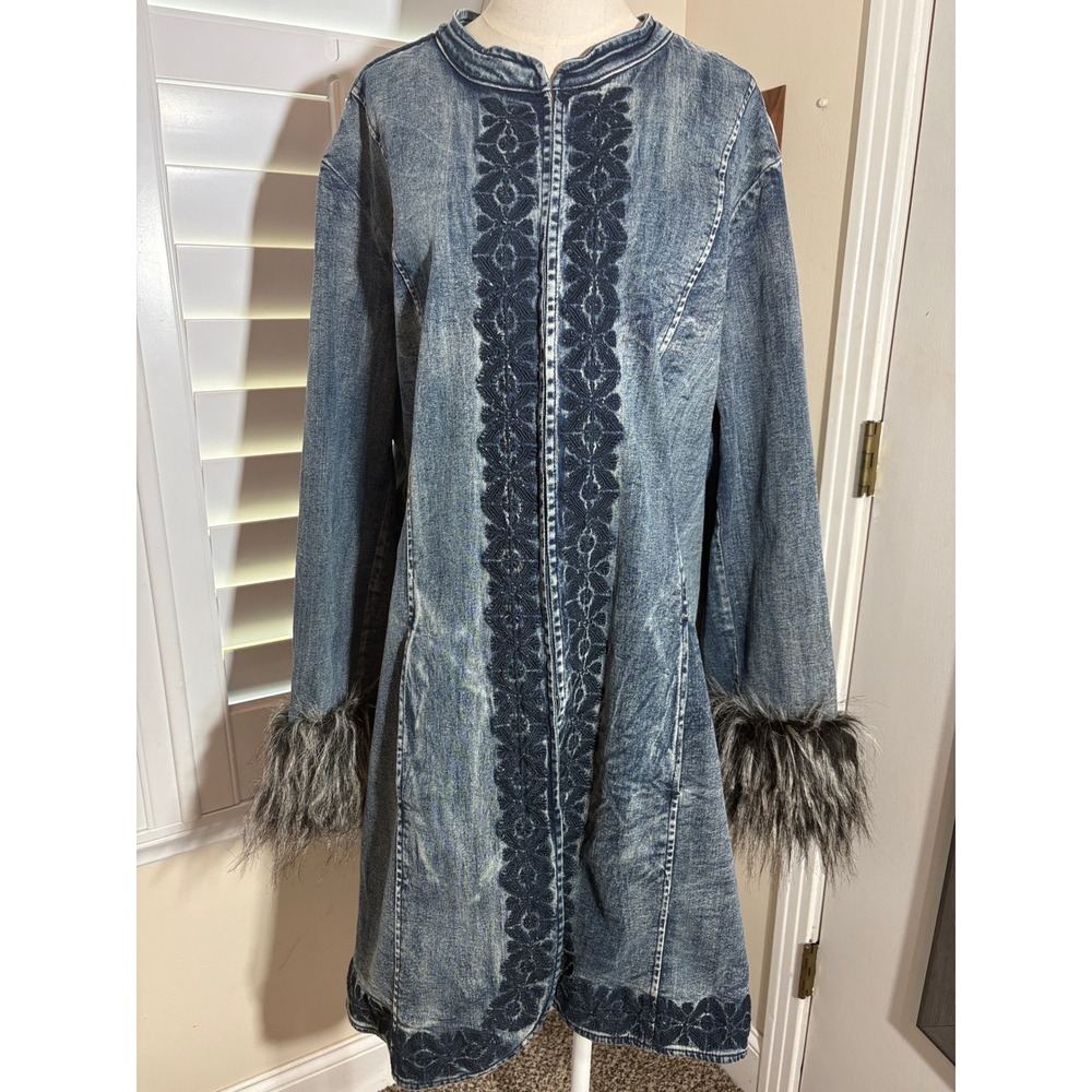 Oso Casuals Denim Duster Jacket 2X Faux Fur Cuffs Embroidered Trim Boho Festival